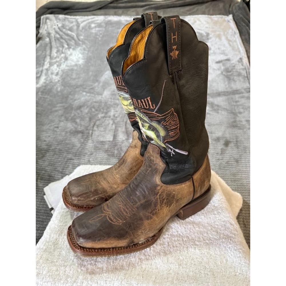 Tin Haul Mens Wall Hanger Western Boots Brown Black Leather Square Toe 10 D